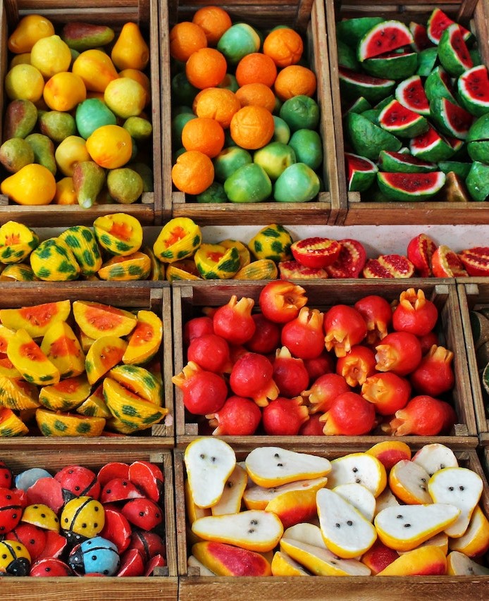 Frutas de dulce caja de madera